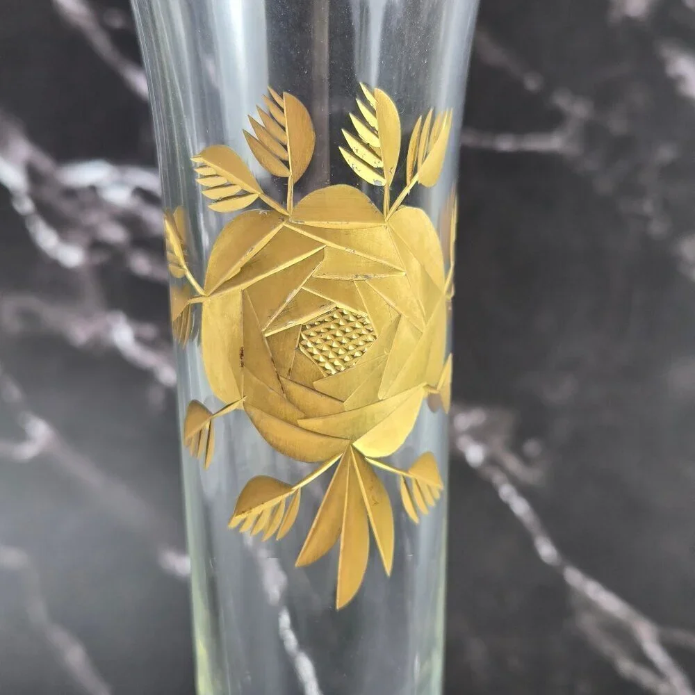 Vintage Ransgil Crystal Bud Vase Gold Gilt Rose on Front 1940's-1950's MCM